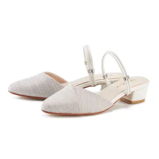 【MAGY】編織布牛皮尖頭低跟兩穿穆勒鞋(灰色)