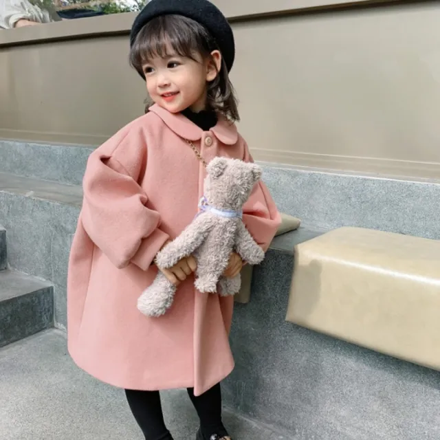 【橘魔法】粉嫩小圓翻領毛尼長版外套(大衣 厚外套 女童 兒童 中童 童裝)