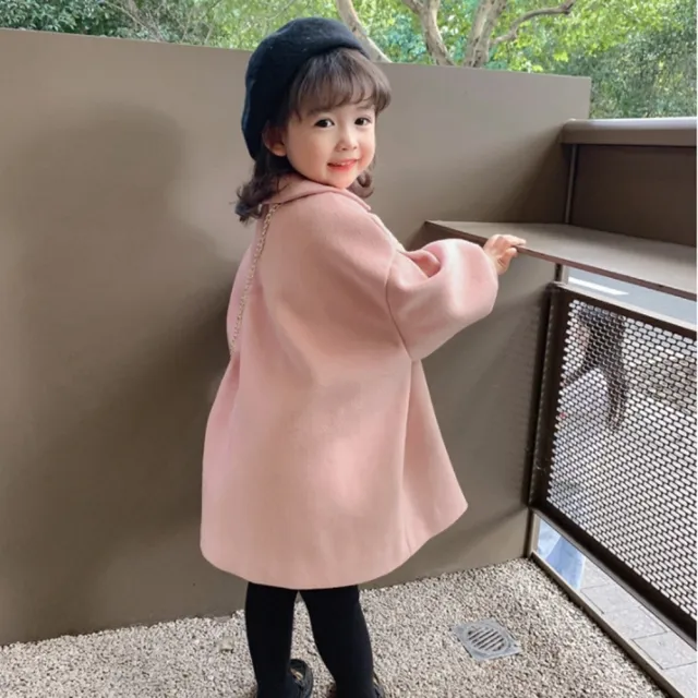 【橘魔法】粉嫩小圓翻領毛尼長版外套(大衣 厚外套 女童 兒童 中童 童裝)