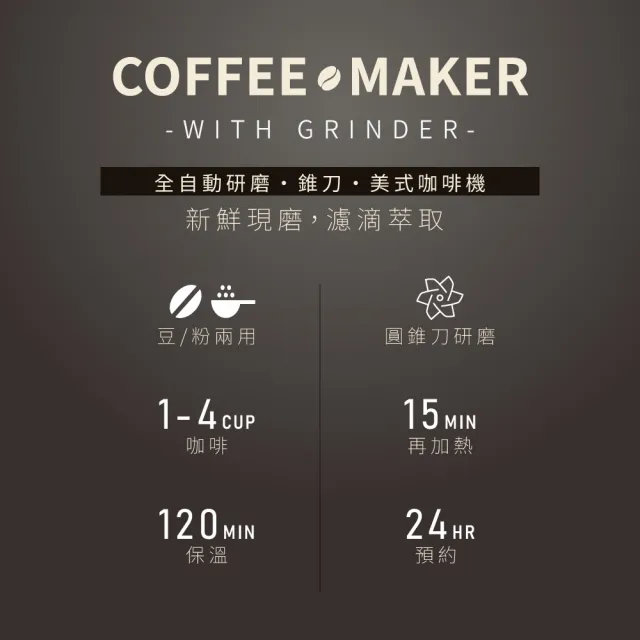 【KINYO】全自動美式錐刀研磨咖啡機(豆/粉兩用 1-4杯咖啡容量 CMH-8250)