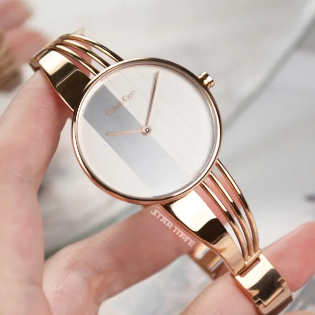 【Calvin Klein】Drift系列 立體條紋白色面 玫瑰金色不鏽鋼手環式錶帶 34mm 手錶 CK錶(K6S2N616)