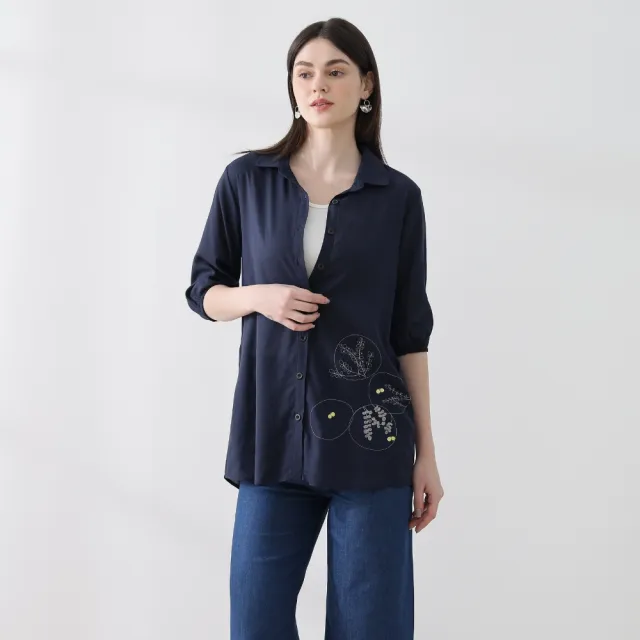 YASA 刺繡晶鑽亞麻罩衫