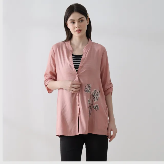 YASA 刺繡晶鑽亞麻罩衫