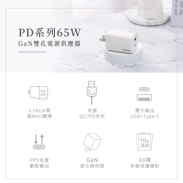 【KINYO】65W雙孔 氮化鎵PD充電器/快充頭/充電頭/插頭 USB Type-C(PD3.0 PDCB-165)
