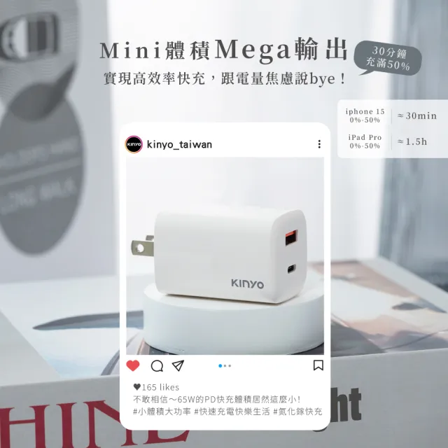 【KINYO】65W雙孔 氮化鎵PD充電器/快充頭/充電頭/插頭 USB Type-C(PD3.0 PDCB-165)