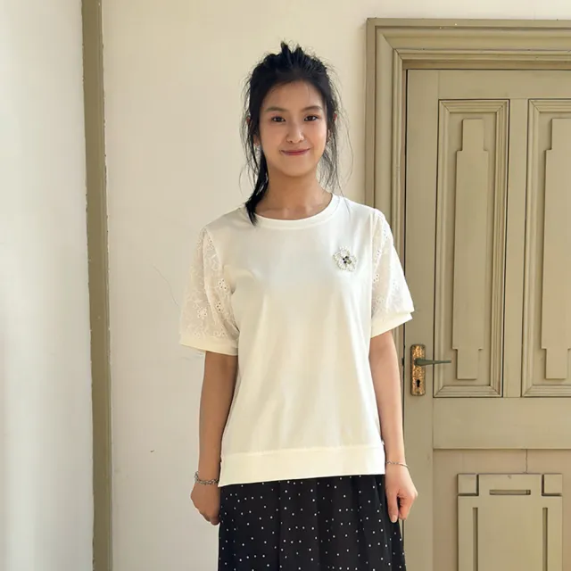 【Hana Mokuba】花木馬日系女裝圓領蕾絲袖拼接休閒上衣(造型上衣)