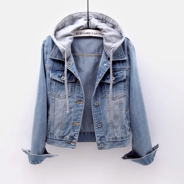【巴黎精品】美式牛仔外套丹寧夾克經典牛仔襯衫休閒長袖上衣(短版連帽可拆百搭女外套2色n1jc1)