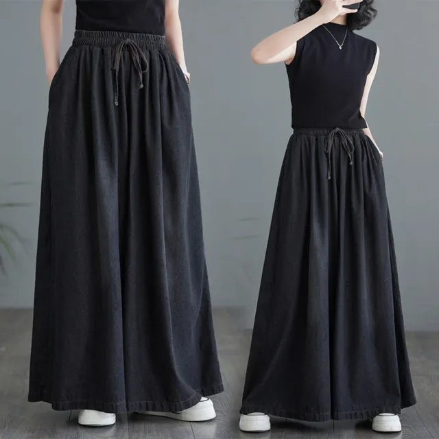 【巴黎精品】高腰牛仔褲長褲大碼寬褲直筒褲裙落地褲休閒女裝(綁帶單寧寬管褲裙女褲子n1jc36)