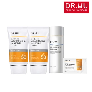 【DR.WU 達爾膚】爆水防曬保濕潔淨組★全能保濕清爽防曬乳35ML x2+玻尿酸潔顏凝露50ML+防曬乳2ML(買一送一)