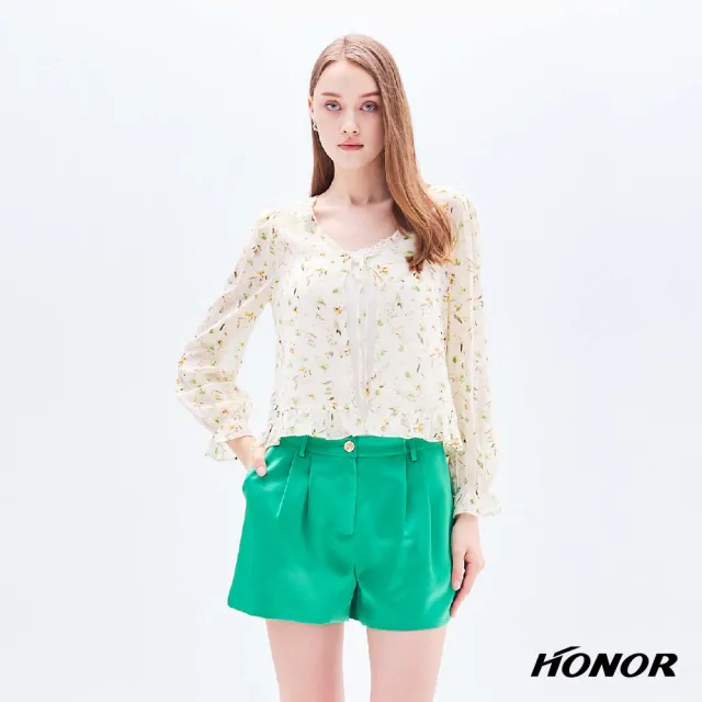 【HONOR 山形屋】出清品 綁帶荷葉拼接碎花雪紡罩衫-米白(限定出清)