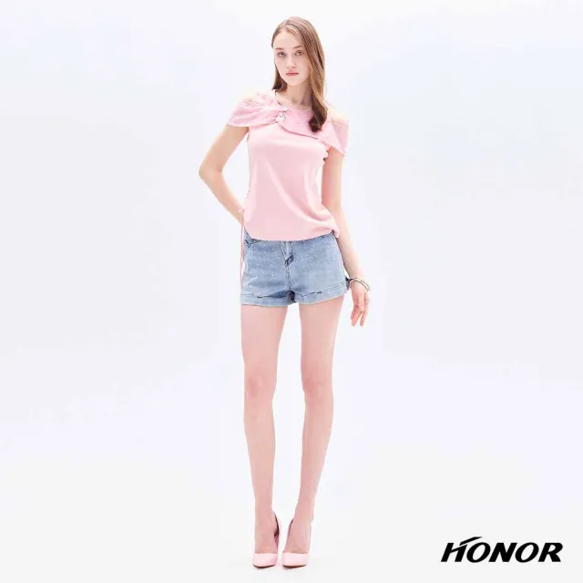 【HONOR 山形屋】出清品 微亮鑽點綴翻摺牛仔短褲-藍(限定出清)