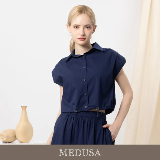 【MEDUSA 曼度莎】現貨-簡約擴肩短版抽繩襯衫 - 2色（M-XL）｜女短袖襯衫 短版上衣 休閒上衣(605-5060A)