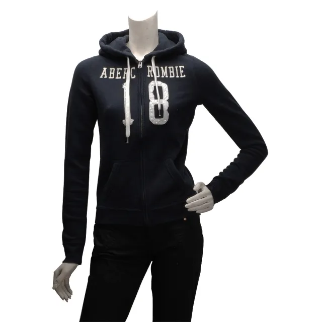 【Abercrombie & Fitch】亮片數字18內刷毛拉鍊帽T外套(女-深藍609835921)