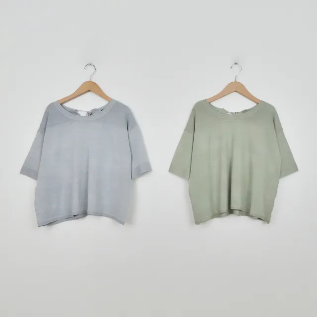 【MASTINA】細鉤針後綁帶針織衫(綠 灰/魅力商品)