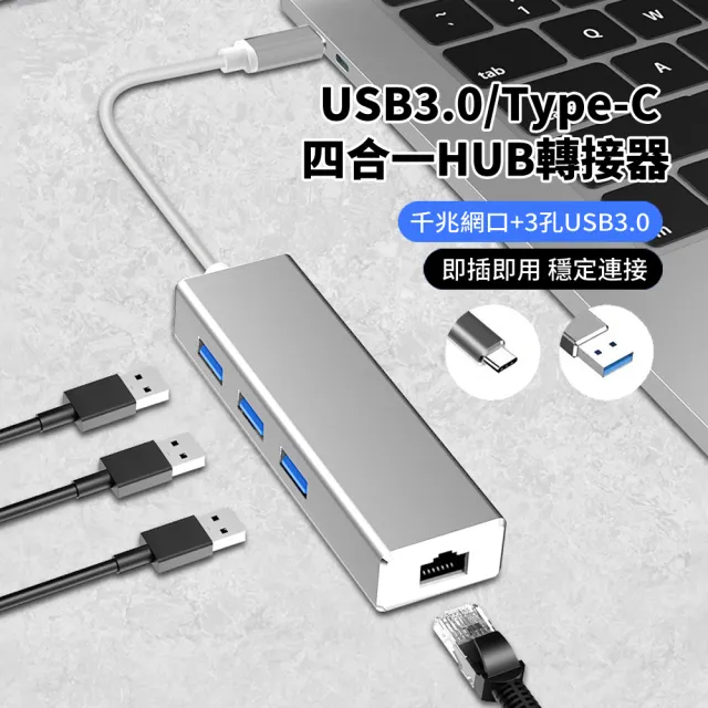 【ANTIAN】四合一 USB3.0/Type-C 轉RJ45千兆網絡+3孔USB HUB轉接器  外接網路轉接頭