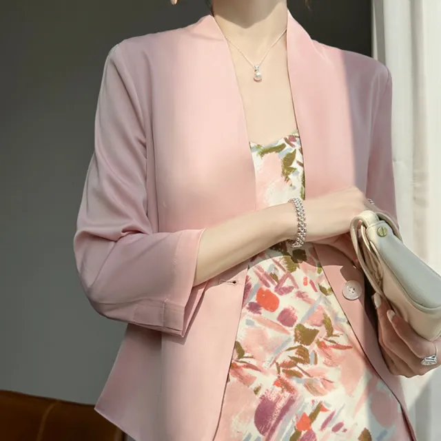 【米蘭精品】雙11優惠 女外套高級緞面西裝外套絲質外套法式絲綢外套天絲西服(七分袖修身短款5色t1lc82)