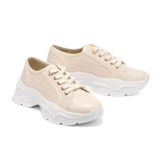【AS 集團】率性優雅異材質拼綁帶老爹厚底休閒鞋(米)