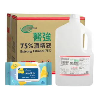 【醫強】75%酒精液 6桶組+克司博純水濕巾 1包(4000ml/桶+80抽純水濕巾/包)