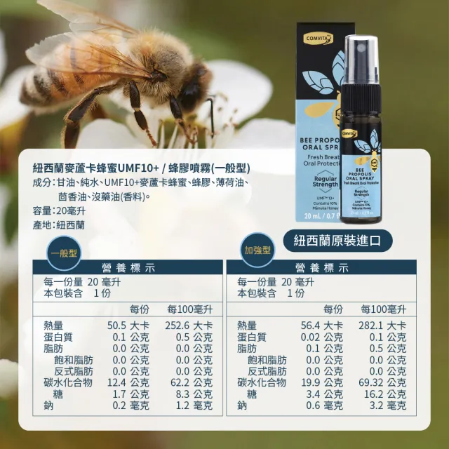 【Comvita 康維他】無酒精 UMF10+麥蘆卡蜂蜜 蜂膠噴劑 一般型 20ml