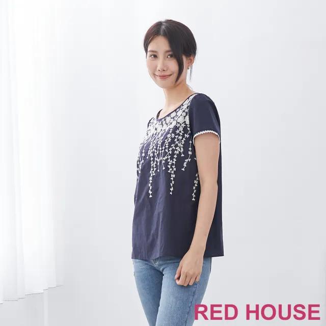 【RED HOUSE 蕾赫斯】日系刺繡花朵棉質上衣(深藍色)