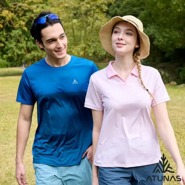 【ATUNAS 歐都納】女/再生循環回收/酷涼節能抑菌短袖POLO衫(A1PS2514WC淺粉印花/抗臭/吸濕排汗/環保衣)