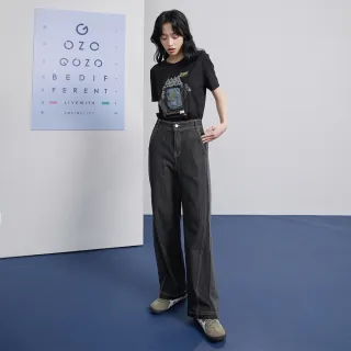 【gozo】牛仔拼接針織顯瘦寬褲(深藍)