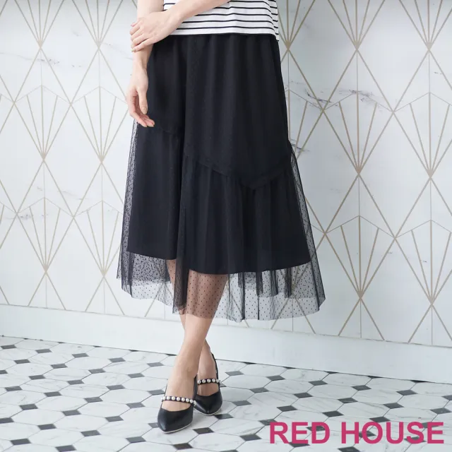 【RED HOUSE 蕾赫斯】不對稱剪接圓點網紗紗裙(黑色)