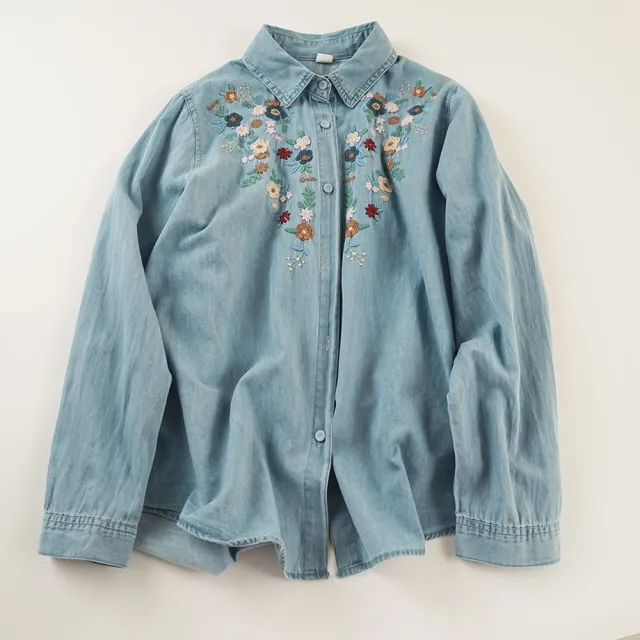 【ASister 小姊姊】AS1439#牛仔襯衫☆長袖水洗棉牛仔*刺繡印花特輯*排釦外套/罩衫(17款 F 胸圍108cm)