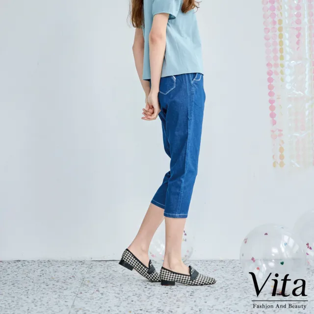 【MYSHEROS 蜜雪兒】VITA 棉質造型八分牛仔褲 鬆緊腰頭 率性刺繡條紋口袋(二色任選)