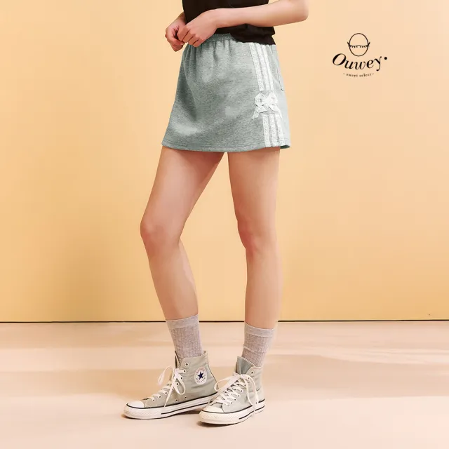 【OUWEY 歐薇】細條蕾絲蝴蝶結鬆緊棉短褲裙(灰；S-L；3252322415)