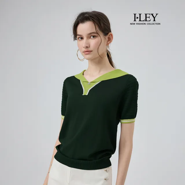 【ILEY 伊蕾】學院風水手領縲縈針織上衣(深綠;M-2L;1251175011)