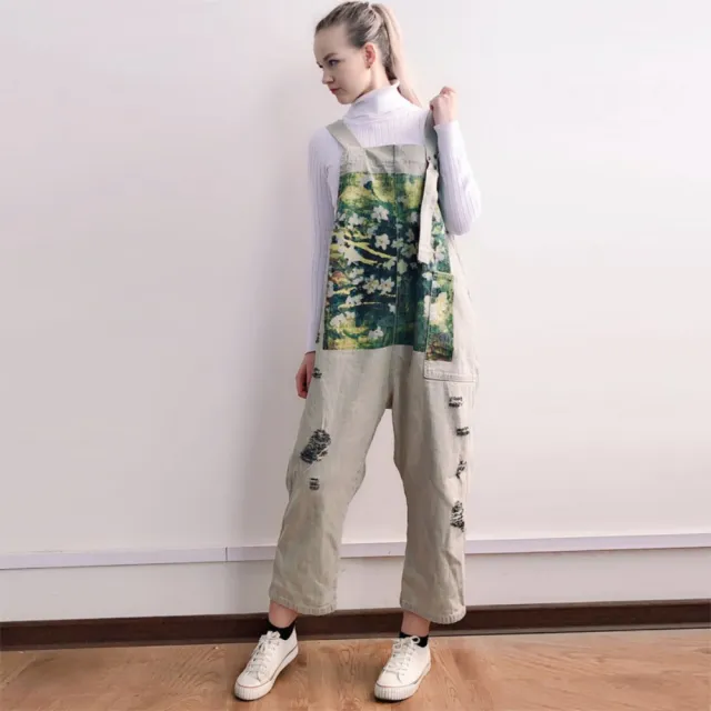 【巴黎精品】復古牛仔吊帶褲大碼寬褲直筒褲落地褲休閒女裝(做舊印花破洞顯瘦女長褲子3色n1ir60)