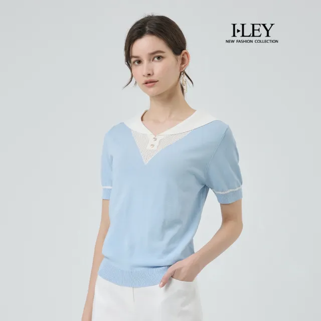 【ILEY 伊蕾】海軍翻領拼接縲縈針織上衣(淺藍；M-XL；1251175007)