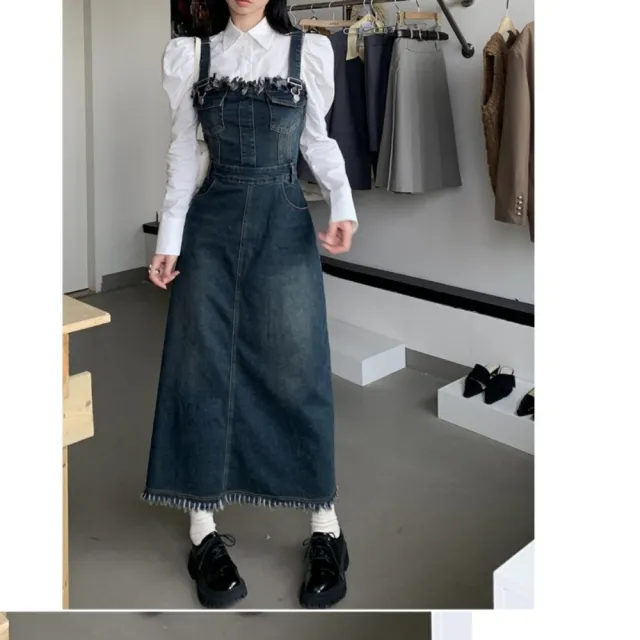 【米蘭精品】現貨+預購 牛仔吊帶裙丹寧連身裙大碼A字裙長洋裝休閒女裝(平口毛邊腰帶收腰女裙子t1kt8)