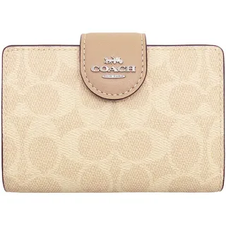 【COACH】奶茶X淺卡其PVC滿版LOGO寬版釦式零錢袋中夾