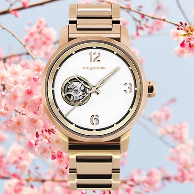 【elegantsis 愛樂時】GOLDEN FASHION 都會時尚面板鏤空機械女錶 玫瑰金 42mm 現貨(ELJT75A-NO03MA)