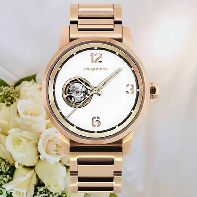 【elegantsis 愛樂時】GOLDEN FASHION 都會時尚面板鏤空機械女錶 玫瑰金 42mm 現貨(ELJT75A-NO03MA)