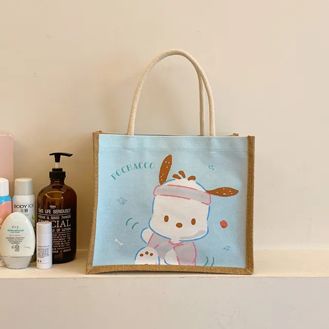 【SANRIO 三麗鷗】天然亞麻大圖像大容量手提包 酷洛米/帕恰狗/美樂蒂/凱蒂貓(手提袋)