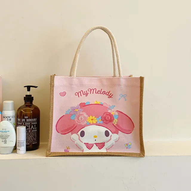 【SANRIO 三麗鷗】天然亞麻大圖像大容量手提包 酷洛米/帕恰狗/美樂蒂/凱蒂貓(手提袋)