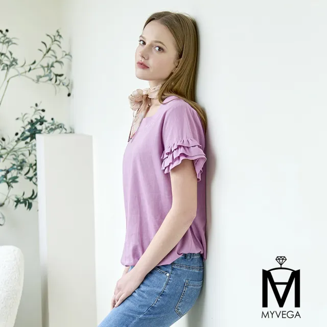 【MYVEGA 麥雪爾】MA亞麻天絲荷葉袖logo刺繡上衣-紫(通勤風/)