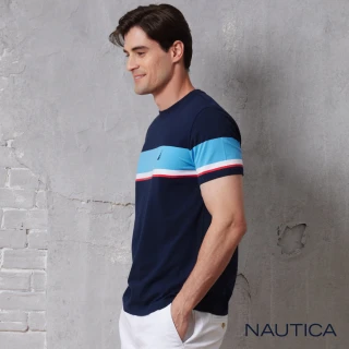 【NAUTICA】官方旗艦 男裝 跳色拼接條紋短袖T恤(藍色)