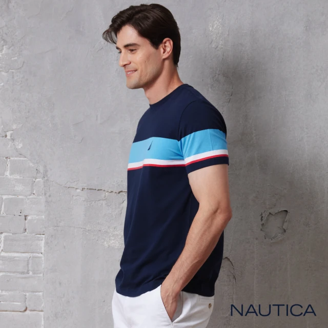 【NAUTICA】官方旗艦 男裝 跳色拼接條紋短袖T恤(藍色)