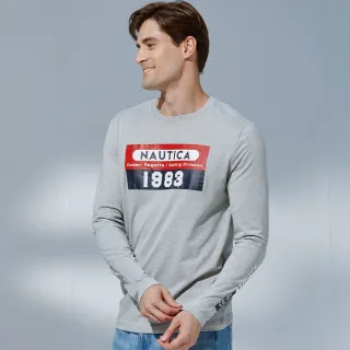 【NAUTICA】官方旗艦 男裝 跳色拼接文字印花長袖T恤(灰色)