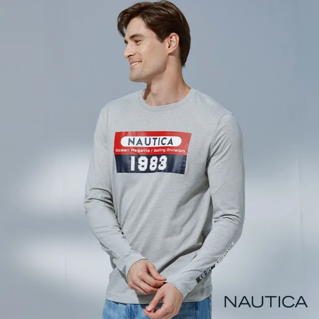 【NAUTICA】官方旗艦 男裝 跳色拼接文字印花長袖T恤(灰色)