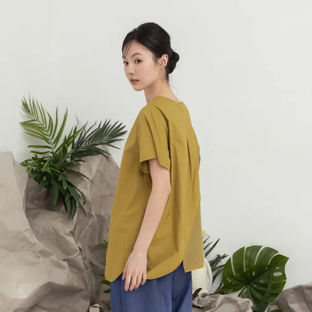 【MOSS CLUB】弧形下襬剪接圓領短袖上衣(綠 黃)