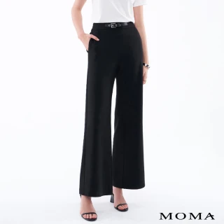 【MOMA】簡約M+修身腰帶裝飾俐落太空棉長褲(黑色)