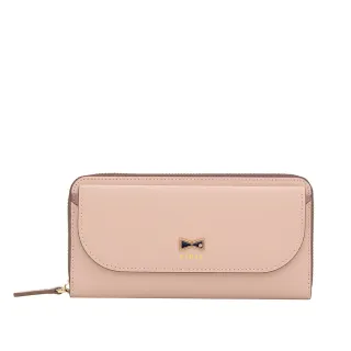 【KINAZ】牛皮鑽飾蝴蝶結掀蓋卡片層ㄇ型拉鍊長夾-茱萸粉-喵星人系列