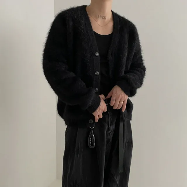 【巴黎精品】針織外套長袖毛衣(V領水貂絨排扣男外套2色n1io25)