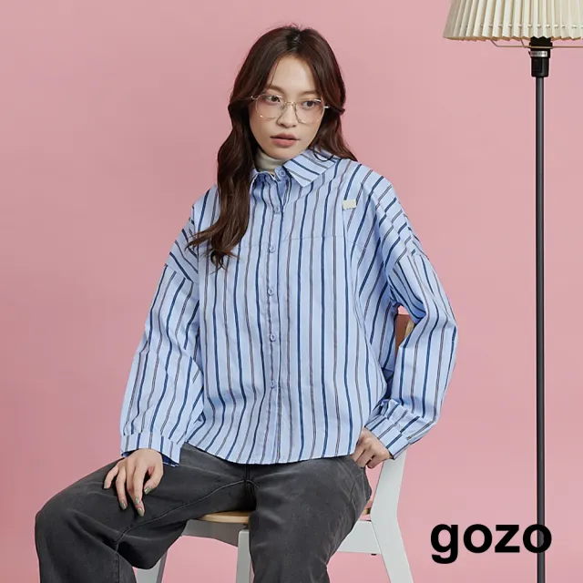 【gozo】MOMO獨家款★限量開賣 條紋風側抓褶長袖襯衫(兩色)