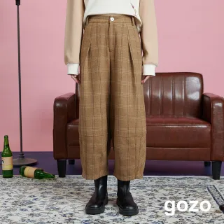 【gozo】格紋羊毛立體廓型九分寬褲(咖啡)